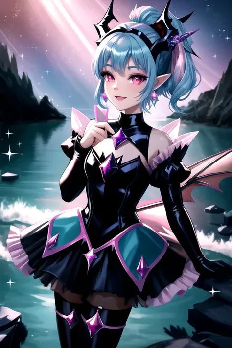 EvlSM, DarkPrecure, Bad_End_Precure, CorruptA, professional image of a cute young woman, (frilly elegant glossy dark holographic dress, crescent brooch, crescent earrings, crescent accessories:1.2),
(blue water dragon horns, blue water dragon tail:1.3), (short hair, side ponytail, hair above cheeks, light blue hair with light pink hairtips, gradient hair, multicolored hair:1.4), red eyes, (small breasts, cute face, pointy ears, evil laugh, evil eyes, corrupted:1.1), (sparkles, sparkling clothes, sparkles near eyes:1.3),
(intricate aquatic background, underwater, sparkling water, ocean floor, corral reef, bubbles:1.2), 
(ultra wide angle shot, cinematic style, absurdres, incredibly absurdres, huge filesize, extremely detailed, High quality texture, physically-based rendering, Ray tracing, octane render, sharp focus, (8k), (4k), (Masterpiece), (Best Quality), extremely detailed, intricate, hyper detailed, illustration, soft lighting, high resolution, sharp detail,)