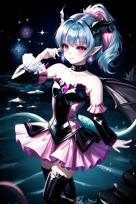 EvlSM, DarkPrecure, Bad_End_Precure, CorruptA, professional image of a cute young woman, (frilly elegant glossy dark holographic dress, crescent brooch, crescent earrings, crescent accessories:1.2),
(blue water dragon horns, blue water dragon tail:1.3), (short hair, side ponytail, hair above cheeks, light blue hair with light pink hairtips, gradient hair, multicolored hair:1.4), red eyes, (small breasts, cute face, pointy ears:1.1), (sparkles, sparkling clothes, sparkles near eyes:1.3),
(intricate aquatic background, underwater, sparkling water, ocean floor, corral reef, bubbles:1.2), 
(ultra wide angle shot, cinematic style, absurdres, incredibly absurdres, huge filesize, extremely detailed, High quality texture, physically-based rendering, Ray tracing, octane render, sharp focus, (8k), (4k), (Masterpiece), (Best Quality), extremely detailed, intricate, hyper detailed, illustration, soft lighting, high resolution, sharp detail,)