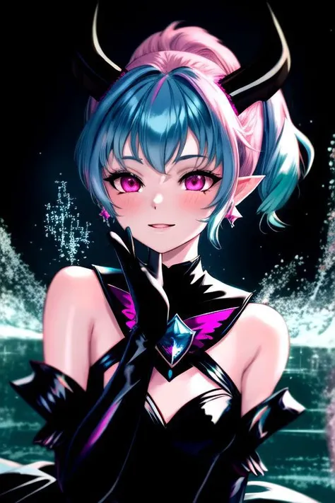 EvlSM, DarkPrecure, Bad_End_Precure, CorruptA, Corrupt_Girl, professional image of a cute young woman, (frilly elegant glossy dark holographic dress, crescent brooch, crescent earrings, crescent accessories:1.2),
(blue water dragon horns, blue water dragon tail:1.3), (short hair, side ponytail, hair above cheeks, light blue hair with light pink hairtips, gradient hair, multicolored hair:1.4), red eyes, (small breasts, cute face, pointy ears, evil laugh, evil eyes, corrupted:1.1), (sparkles, sparkling clothes, sparkles near eyes:1.3),
(intricate aquatic background, underwater, sparkling water, ocean floor, corral reef, bubbles:1.2), 
(ultra wide angle shot, cinematic style, absurdres, incredibly absurdres, huge filesize, extremely detailed, High quality texture, physically-based rendering, Ray tracing, octane render, sharp focus, (8k), (4k), (Masterpiece), (Best Quality), extremely detailed, intricate, hyper detailed, illustration, soft lighting, high resolution, sharp detail,)