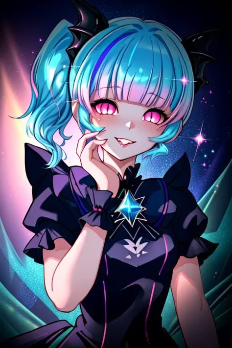 CorruptA, professional image of a cute young woman, (frilly elegant glossy dark holographic dress, crescent brooch, crescent earrings, crescent accessories:1.2),
(blue water dragon horns, blue water dragon tail:1.3), (short hair, side ponytail, hair above cheeks, light blue hair with light pink hairtips, gradient hair, multicolored hair:1.4), red eyes, (small breasts, cute face, pointy ears:1.1), (evil laugh, evil eyes, snake eyes, Corrupt_Girl, corruption, dark_persona, yandere, shaded face:1.2), (sparkles, sparkling clothes, sparkles near eyes:1.3),
(intricate aquatic background, underwater, sparkling water, ocean floor, corral reef, bubbles:1.2), 
(ultra wide angle shot, cinematic style, absurdres, incredibly absurdres, huge filesize, extremely detailed, High quality texture, physically-based rendering, Ray tracing, octane render, sharp focus, (8k), (4k), (Masterpiece), (Best Quality), extremely detailed, intricate, hyper detailed, illustration, soft lighting, high resolution, sharp detail,)