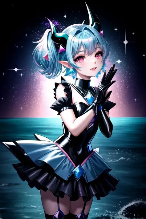 EvlSM, DarkPrecure, Bad_End_Precure, CorruptA, professional image of a cute young woman, (frilly elegant glossy dark holographic dress, crescent brooch, crescent earrings, crescent accessories:1.2),
(blue water dragon horns, blue water dragon tail:1.3), (short hair, side ponytail, hair above cheeks, light blue hair with light pink hairtips, gradient hair, multicolored hair:1.4), red eyes, (small breasts, cute face, pointy ears, evil laugh, evil eyes, corrupted:1.1), (sparkles, sparkling clothes, sparkles near eyes:1.3),
(intricate aquatic background, underwater, sparkling water, ocean floor, corral reef, bubbles:1.2), 
(ultra wide angle shot, cinematic style, absurdres, incredibly absurdres, huge filesize, extremely detailed, High quality texture, physically-based rendering, Ray tracing, octane render, sharp focus, (8k), (4k), (Masterpiece), (Best Quality), extremely detailed, intricate, hyper detailed, illustration, soft lighting, high resolution, sharp detail,)