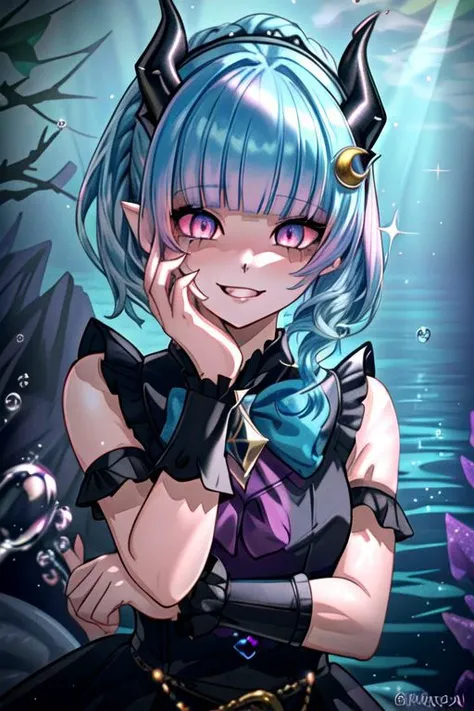 CorruptA, professional image of a cute young woman, (frilly elegant glossy dark holographic dress, crescent brooch, crescent earrings, crescent accessories:1.2),
(blue water dragon horns, blue water dragon tail:1.3), (short hair, side ponytail, hair above cheeks, light blue hair with light pink hairtips, gradient hair, multicolored hair:1.4), red eyes, (small breasts, cute face, pointy ears:1.1), (evil laugh, evil eyes, snake eyes, corruption, dark_persona, yandere, shaded face:1.2), (sparkles, sparkling clothes, sparkles near eyes:1.3),
(intricate aquatic background, underwater, sparkling water, ocean floor, corral reef, bubbles:1.2), 
(ultra wide angle shot, cinematic style, absurdres, incredibly absurdres, huge filesize, extremely detailed, High quality texture, physically-based rendering, Ray tracing, octane render, sharp focus, (8k), (4k), (Masterpiece), (Best Quality), extremely detailed, intricate, hyper detailed, illustration, soft lighting, high resolution, sharp detail,)