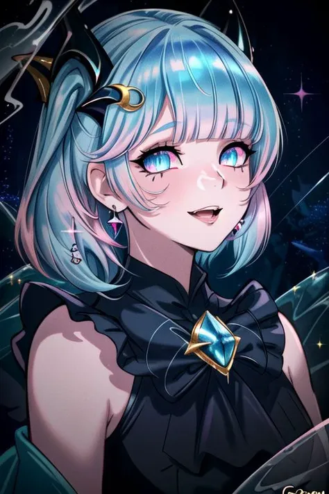 CorruptA, professional image of a cute young woman, (frilly elegant glossy dark holographic dress, crescent brooch, crescent earrings, crescent accessories:1.2),
(blue water dragon horns, blue water dragon tail:1.3), (short hair, side ponytail, hair above cheeks, light blue hair with light pink hairtips, gradient hair, multicolored hair:1.4), red eyes, (small breasts, cute face, pointy ears:1.1), (evil laugh, evil eyes, snake eyes, corruption, dark_persona, yandere, shaded face:1.2), (sparkles, sparkling clothes, sparkles near eyes:1.3),
(intricate aquatic background, underwater, sparkling water, ocean floor, corral reef, bubbles:1.2), 
(ultra wide angle shot, cinematic style, absurdres, incredibly absurdres, huge filesize, extremely detailed, High quality texture, physically-based rendering, Ray tracing, octane render, sharp focus, (8k), (4k), (Masterpiece), (Best Quality), extremely detailed, intricate, hyper detailed, illustration, soft lighting, high resolution, sharp detail,)