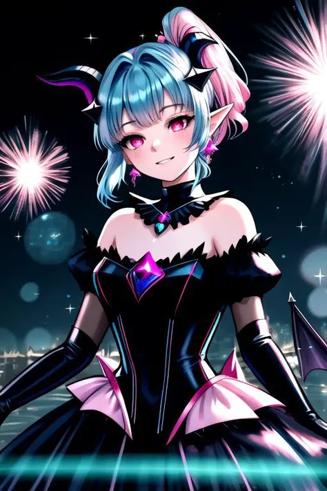 EvlSM, DarkPrecure, Bad_End_Precure, CorruptA, Corrupt_Girl, professional image of a cute young woman, (frilly elegant glossy dark holographic dress, crescent brooch, crescent earrings, crescent accessories:1.2),
(blue water dragon horns, blue water dragon tail:1.3), (short hair, side ponytail, hair above cheeks, light blue hair with light pink hairtips, gradient hair, multicolored hair:1.4), red eyes, (small breasts, cute face, pointy ears, evil laugh, evil eyes, corrupted:1.1), (sparkles, sparkling clothes, sparkles near eyes:1.2),
(intricate aquatic background, underwater, sparkling water, ocean floor, corral reef, bubbles:1.2), 
(ultra wide angle shot, cinematic style, absurdres, incredibly absurdres, huge filesize, extremely detailed, High quality texture, physically-based rendering, Ray tracing, octane render, sharp focus, (8k), (4k), (Masterpiece), (Best Quality), extremely detailed, intricate, hyper detailed, illustration, soft lighting, high resolution, sharp detail)