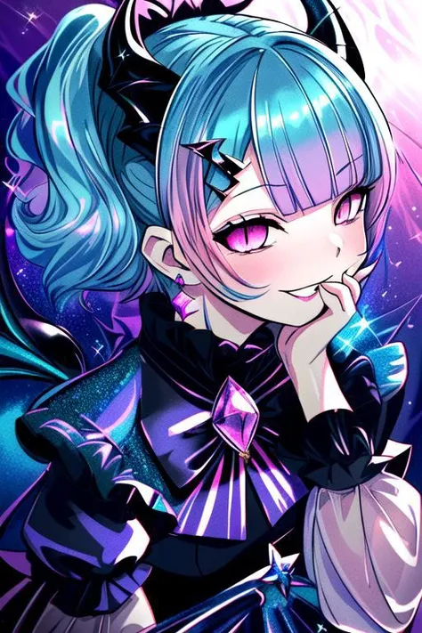 CorruptA, professional image of a cute young woman, (frilly elegant glossy dark holographic dress, crescent brooch, crescent earrings, crescent accessories:1.2),
(blue water dragon horns, blue water dragon tail:1.3), (short hair, side ponytail, hair above cheeks, light blue hair with light pink hairtips, gradient hair, multicolored hair:1.4), red eyes, (small breasts, cute face, pointy ears:1.1), (evil laugh, evil eyes, snake eyes, Corrupt_Girl, corruption, dark_persona:1.2), (sparkles, sparkling clothes, sparkles near eyes:1.3),
(intricate aquatic background, underwater, sparkling water, ocean floor, corral reef, bubbles:1.2), 
(ultra wide angle shot, cinematic style, absurdres, incredibly absurdres, huge filesize, extremely detailed, High quality texture, physically-based rendering, Ray tracing, octane render, sharp focus, (8k), (4k), (Masterpiece), (Best Quality), extremely detailed, intricate, hyper detailed, illustration, soft lighting, high resolution, sharp detail,)