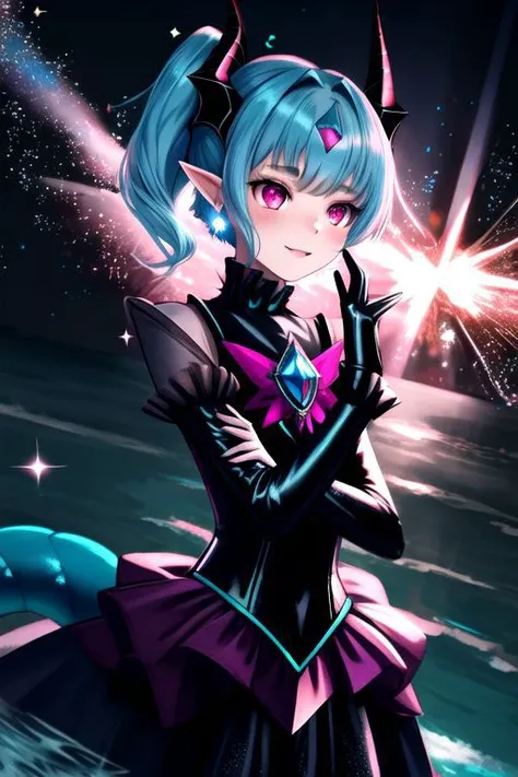 EvlSM, DarkPrecure, Bad_End_Precure, CorruptA, Corrupt_Girl, professional image of a cute young woman, (frilly elegant glossy dark holographic dress, crescent brooch, crescent earrings, crescent accessories:1.2),
(blue water dragon horns, blue water dragon tail:1.3), (short hair, side ponytail, hair above cheeks, light blue hair with light pink hairtips, gradient hair, multicolored hair:1.4), red eyes, (small breasts, cute face, pointy ears, evil laugh, evil eyes, corrupted:1.1), (sparkles, sparkling clothes, sparkles near eyes:1.3),
(intricate aquatic background, underwater, sparkling water, ocean floor, corral reef, bubbles:1.2), 
(ultra wide angle shot, cinematic style, absurdres, incredibly absurdres, huge filesize, extremely detailed, High quality texture, physically-based rendering, Ray tracing, octane render, sharp focus, (8k), (4k), (Masterpiece), (Best Quality), extremely detailed, intricate, hyper detailed, illustration, soft lighting, high resolution, sharp detail,)