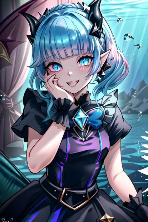 CorruptA, professional image of a cute young woman, (frilly elegant glossy dark holographic dress, crescent brooch, crescent earrings, crescent accessories:1.2),
(blue water dragon horns, blue water dragon tail:1.3), (short hair, side ponytail, hair above cheeks, light blue hair with light pink hairtips, gradient hair, multicolored hair:1.4), red eyes, (small breasts, cute face, pointy ears:1.1), (evil laugh, evil eyes, snake eyes, corruption, dark_persona, yandere, shaded face:1.2), (sparkles, sparkling clothes, sparkles near eyes:1.3),
(intricate aquatic background, underwater, sparkling water, ocean floor, corral reef, bubbles:1.2), 
(ultra wide angle shot, cinematic style, absurdres, incredibly absurdres, huge filesize, extremely detailed, High quality texture, physically-based rendering, Ray tracing, octane render, sharp focus, (8k), (4k), (Masterpiece), (Best Quality), extremely detailed, intricate, hyper detailed, illustration, soft lighting, high resolution, sharp detail,)