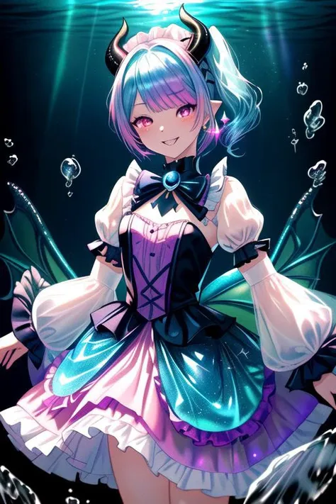 CorruptA, professional image of a cute young woman, (frilly elegant glossy dark holographic dress, crescent brooch, crescent earrings, crescent accessories:1.2),
(blue water dragon horns, blue water dragon tail:1.3), (short hair, side ponytail, hair above cheeks, light blue hair with light pink hairtips, gradient hair, multicolored hair:1.4), red eyes, (small breasts, cute face, pointy ears:1.1), (evil laugh, evil eyes, Corrupt_Girl, corruption, dark_persona:1.2), (sparkles, sparkling clothes, sparkles near eyes:1.3),
(intricate aquatic background, underwater, sparkling water, ocean floor, corral reef, bubbles:1.2), 
(ultra wide angle shot, cinematic style, absurdres, incredibly absurdres, huge filesize, extremely detailed, High quality texture, physically-based rendering, Ray tracing, octane render, sharp focus, (8k), (4k), (Masterpiece), (Best Quality), extremely detailed, intricate, hyper detailed, illustration, soft lighting, high resolution, sharp detail,)