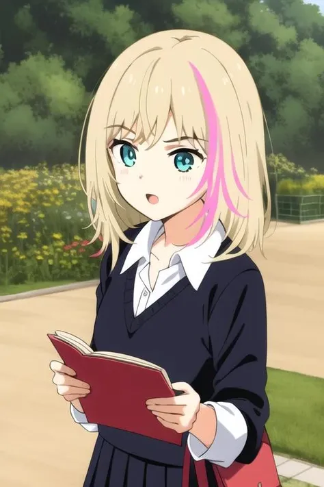1girl, masterpiece, highres, upperbody,blonde hair,pink hair, blue eyes, multicolored hair, <lora:RikaKawaiR4:0.7>,RikaKawaiR4,in the park, school uniform