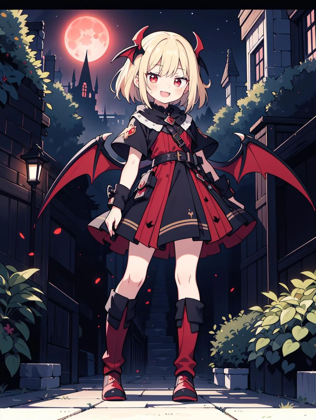8K, 1girl, petit, kawaii vampire, blond hair, red eyes, bat wings, smile, (blush), (shy), fang, boots, looking at viewer, wind, (fantasy world, wonderland at night), red moon, dynamic angle, wind, (movie poster), game cg, fantastic scenery,