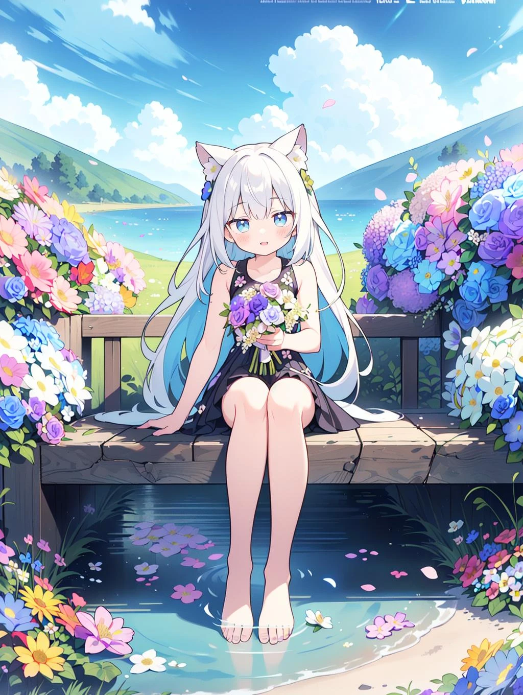8K, 1girl, petit, cat ears, :o, smile, (blush:1.2), (shy), bare foots, (sitting by the water) looking at viewer, wind, (ground of flowers, thousand of flowers, colorful flowers, flowers around her, various flowers:1.4), (beautiful blue sky), (movie poster), game cg, fantastic scenery,