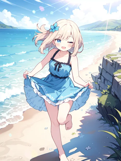 8K, 1girl, (petit), (young), cute, kawaii, sundress, bare foot, smiling, open mouth, (blush), (one eye closed), looking at viewer, floating hair, (running on the beach), skirt lift, (beautiful beach), lens flare, beautiful blue sky, full body, (dynamic angle:0.8), (wind), (game cg), summer, fantastic scenery, from above