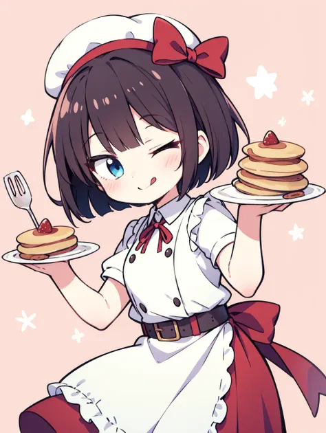 1girl, chef, chef hat, red ribbon, leather belt, bob cut, stick out tongue, (;q), one eye closed, kawaii pose, (pancake), (kawaii background), dynamic angle, cowboy shot, look at viewer