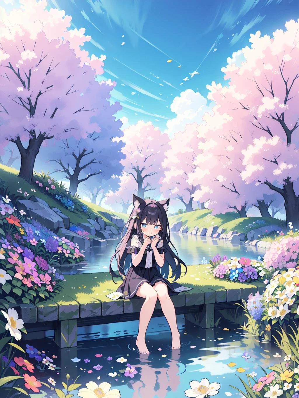 8K, 1girl, petit, cat ears, smile, (blush:1.2), (shy), bare foots, (sitting by the water) looking at viewer, wind, (ground of flowers, thousand of flowers, colorful flowers, flowers around her, various flowers:1.4), (beautiful blue sky), (movie poster), game cg, fantastic scenery,