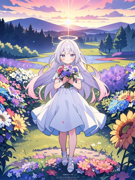 8K, 1girl, petit, angel halo, (very long hair, floating hair), smile, (blush:1.2), shy, smiling, (pure white sundress), standing, looking at viewer, wind, (ground of flowers, thousand of flowers, colorful flowers, flowers around her, various flowers:1.4), (beautiful sunset), (movie poster), fantastic scenery,