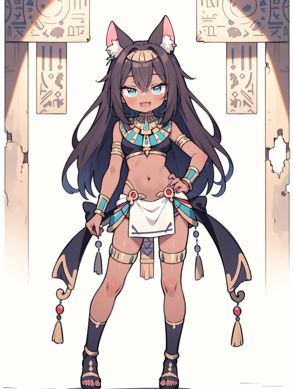 1girl, long hair, cat ears, cute, (bastet:1.2), (ancient egyptian), dark skin, fang, smile, full body, standing, bare navel