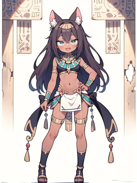 1girl, long hair, cat ears, cute, (bastet:1.2), (ancient egyptian), dark skin, fang, smile, full body, standing, bare navel