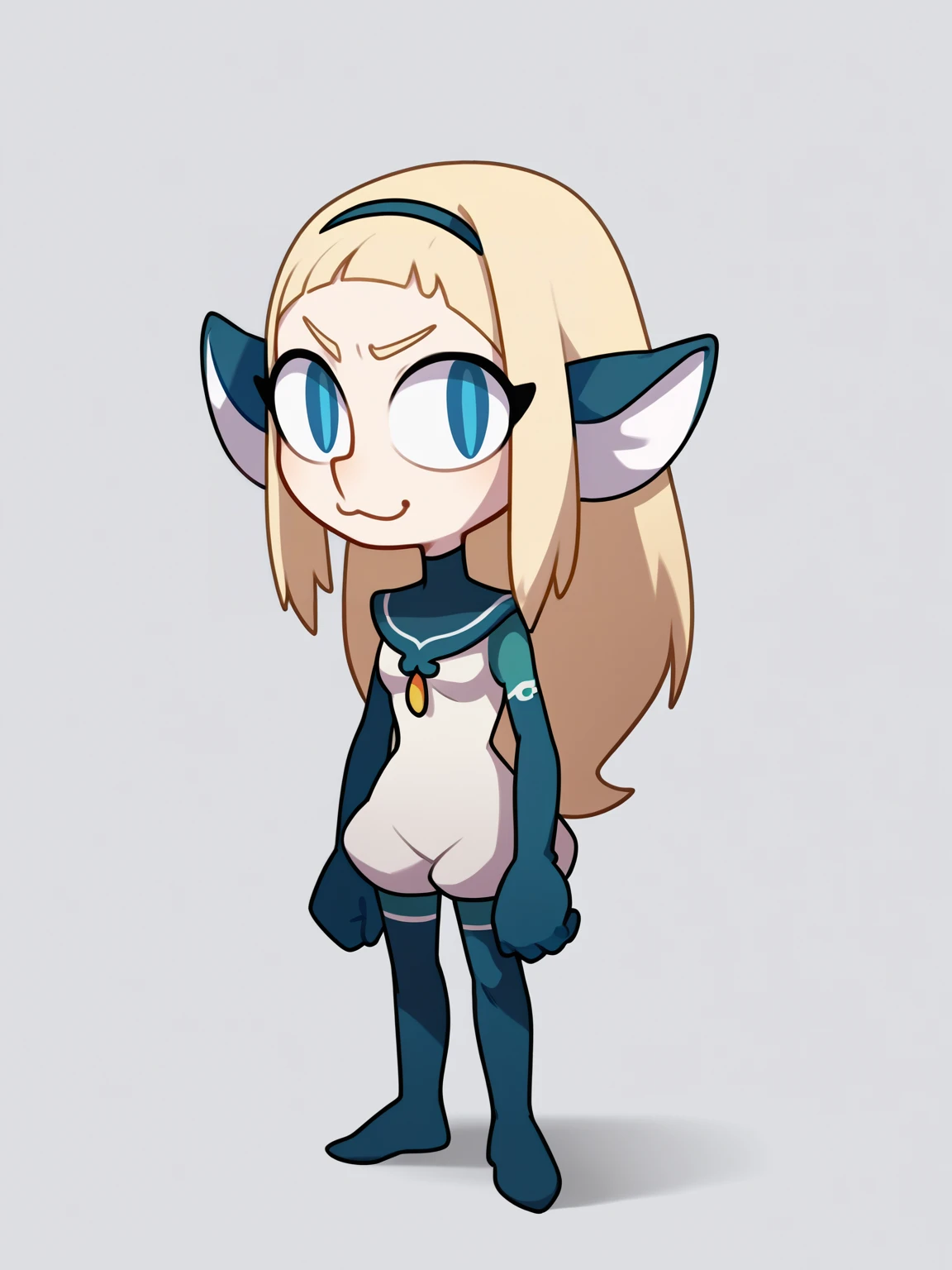 score_9, score_8_up, score_7_up, BREAK, 1girl, necoarc, cat ears,
bakarajurgen, blonde hair, long hair, blue eyes, hairband, bodysuit, colored skin, gloves, hairband, pantyhose, thighhighs,
chibi, slit pupils, solo, full body, white background <lora:necoarc-guy-PONY-v1:1> <lora:BakaraJurgenXL:0.8:0.8>