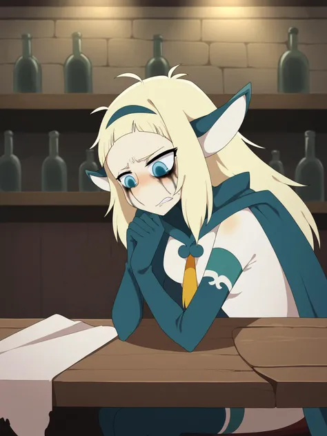score_9, score_8_up, score_7_up, BREAK, source_anime, source_cartoon
1gir, solo,bakaradrunk, blonde hair, long hair, blue eyes, pointy ears, bags under eyes, blush, messy hair, runny makeup, <lora:BakaraJurgenXL:1>
animal ears, bodysuit, colored skin, gloves, hairband, pantyhose, thighhighs, cape
tavern, sitting at the table, working over a bottle of booze