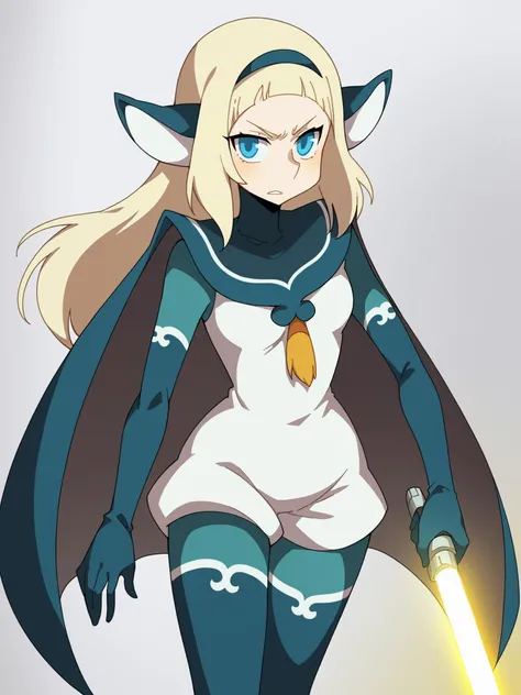 score_9, score_8_up, score_7_up, BREAK, source_anime, source_cartoon
1gir, solo, bakarajurgen, blonde hair, long hair, blue eyes, hairband <lora:BakaraJurgenXL:1>
animal ears, bodysuit, colored skin, gloves, hairband, pantyhose, thighhighs, cape
hold white light saber