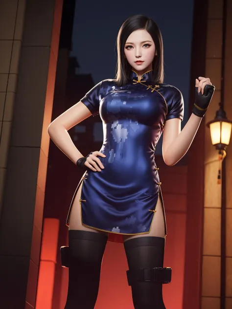 CFlanBW, 1girl, solo,china dress,black hair, long hair, black thighhighs, gloves, side slit, lips, thigh holster, <lora:CFlanBW:0.75>,cityscape, night, looking at viewer, mature female, hand on hip,