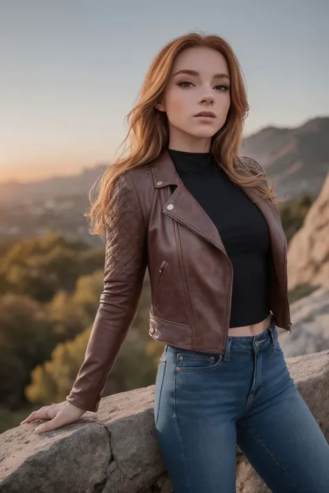 photo of S147_JuliaAdamenko, a stylish woman, in a (rocky-area:1.1), (sunset:1.1), wearing a (leather-jacket:1.2) and (jeans), (8k, RAW photo, best quality, depth of field, ultra high res:1.2), (absurdres, intricate, photorealistic, masterpiece, ultra-detailed:1.3)