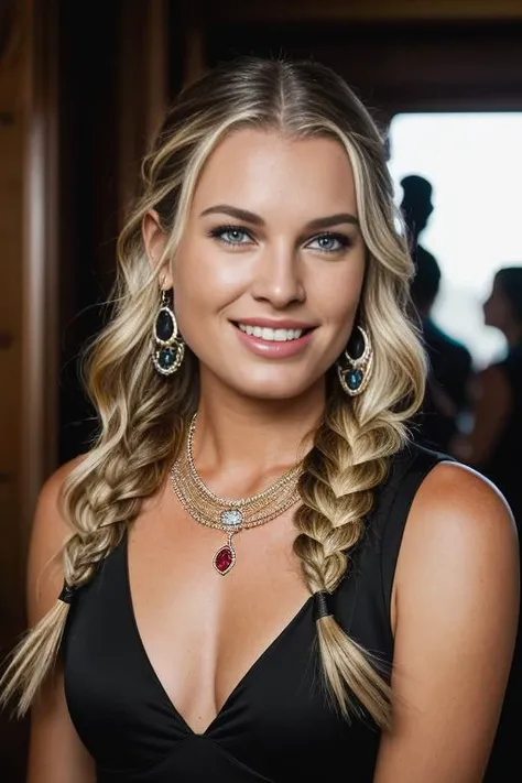 <lora:r3b3cc4:0.9>, a Realistic photo of r3b3cc4 woman, 1girl, solo, long hair, smile, blue eyes, blonde hair, jewelry, braid, earrings, teeth, necklace, single braid, portrait, hoop earrings, realistic, soft lighting, professional Photography, Photorealistic, detailed eyes, RAW, analog, sharp focus, 8k, HD, DSLR, high quality, Fujifilm XT3, film grain, award winning, masterpiece