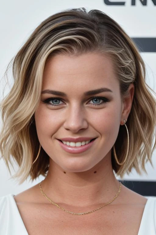 <lora:r3b3cc4:0.9>, a Realistic photo of r3b3cc4 woman, 1girl, solo, looking at viewer, smile, blonde hair, blue eyes, shirt, dress, bare shoulders, jewelry, upper body, earrings, teeth, sleeveless, white dress, grin, lips, realistic, nose, soft lighting, professional Photography, Photorealistic, detailed eyes, RAW, analog, sharp focus, 8k, HD, DSLR, high quality, Fujifilm XT3, film grain, award winning, masterpiece