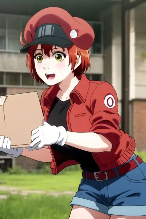 <lora:red blood cell ae3803 s1-lora-nochekaiser:1>, red blood cell ae3803, short hair, hair between eyes, (yellow eyes), ahoge, red hair, shirt, gloves, hat, jacket, belt, white gloves, black shirt, denim, denim shorts, mini shorts, red headwear, red jacket, jeans, cabbie hat,
BREAK dynamic pose, action pose, (unaligned breasts, bouncing breasts, motion lines, motion blur), running, (((holding package, holding box, carring a box, carring a package))), 
BREAK alley, dark alley, buldings,
BREAK looking at viewer, happy, blushing, sweet smile, cute smile, (cowboy shot),
BREAK  front view, dynamic angle, dutch angle,
BREAK (masterpiece, best quality, ultra detailed), (perfect face, detailed face, detailed eyes,perfect hands,perfect fingers), 8k wallpaper, Beautiful Finger, Beautiful body, Beautiful character design, perfect face, perfect balance, official art, extremely detailed CG unity 8k wallpaper, ultra high res,4K,ultra-detailed, photography, 8K, HDR, highres, absurdres:1.2, Kodak portra 400, bokeh, lens flare, professional photograph, (vibrant_color:1.2),(beautiful_face:1.2), notably long eyelashes