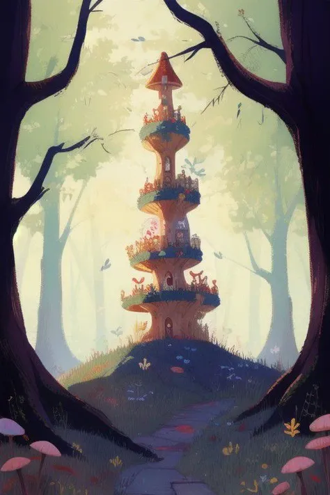 a painting of a tower in the middle of a forest