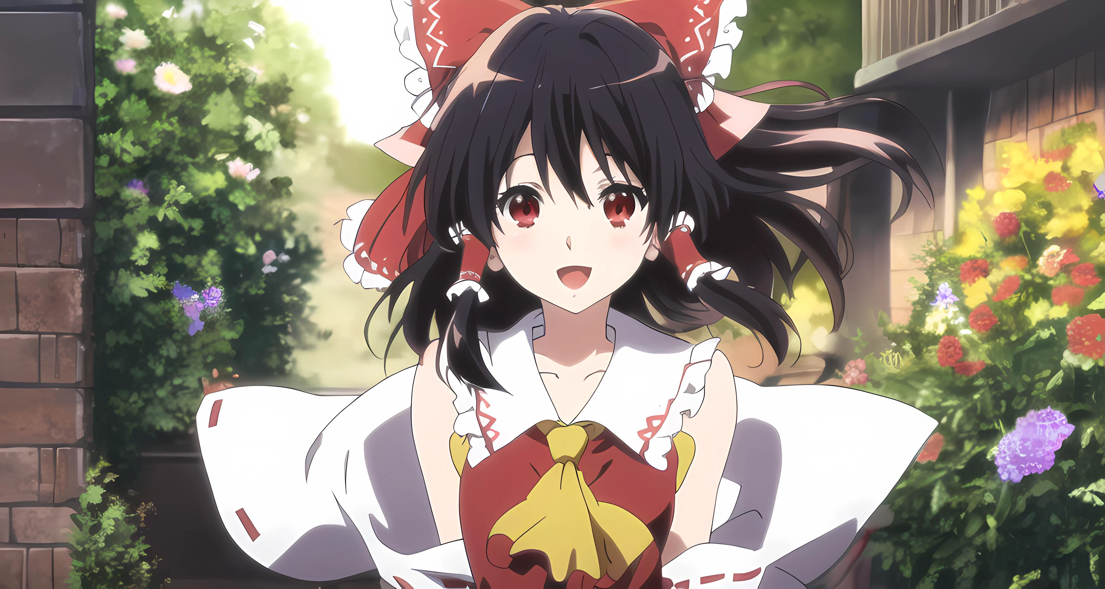 <lora:kyoto animation_artstyle_LoCon:1.1>, hakurei reimu, ((anime screencap)), kyoto animation screencap, 1girl, hair ribbons, black hair, very long hair, red eyes, bird, flower, fluff, solo, blunt ends, hair blowing, at the middle, smile, open mouth, arms behind back