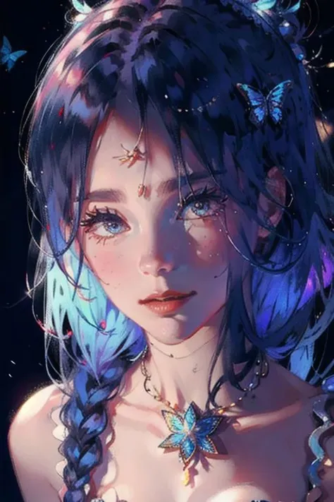 masterpiece, high quality, 1girl, female, solo, upper body, blue hair, blue hair, braid hair, pearl necklace, flowers, Arabian clothes, Arabian dress, sexy, smile, close-up face, christmas tree, butterflies, outdoor, nature, lighting,