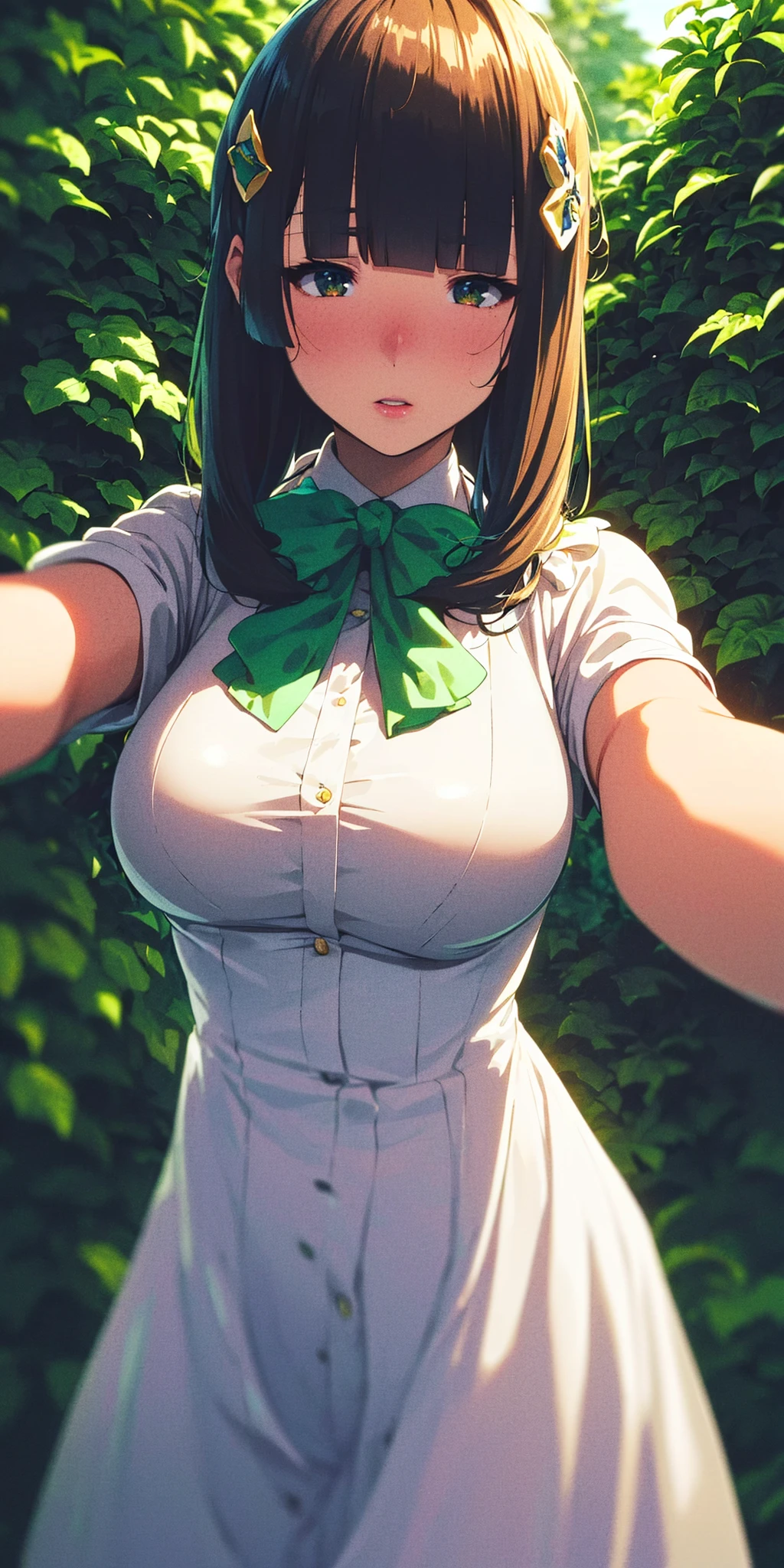 masterpiece, best quality, mature female, huge breasts, lazy eyes, parted lips, ( hair ornament, bowtie, blunt bangs:1.5), (white nightgown:1.3), backlighting, upper teeth, vegetation, (highres:1.5), (detailed body:1.3) <lyco:kyoani_loha-e2:1.0>