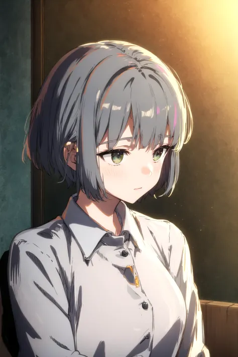 anime girl with short gray hair and blue eyes in a room