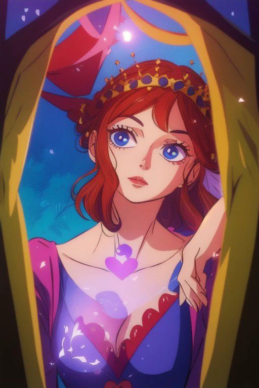 The Empress is Alice in Wonderland themed, queen of heart, crown, Celtic costume, in the woods, portrait,
