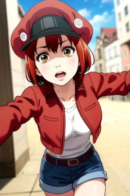 <lora:red blood cell ae3803 s1-lora-nochekaiser:1>, red blood cell ae3803, short hair, hair between eyes, (yellow eyes), ahoge, red hair, shirt, gloves, hat, jacket, belt, pants, white gloves, black shirt, denim, denim shorts, mini short, red headwear, red jacket, jeans, cabbie hat,
BREAK dynamic pose, action pose, (unaligned breasts, bouncing breasts, motion lines, motion blur), running, (((holding package, holding box, carring a box, carring a package))),
BREAK alley, dark alley, buldings,
BREAK looking at viewer, (cowboy shot),
BREAK front view, dynamic angle, dutch angle,
BREAK (masterpiece, best quality, ultra detailed), (perfect face, detailed face, detailed eyes,perfect hands,perfect fingers), 8k wallpaper, Beautiful Finger, Beautiful body, Beautiful character design, perfect face, perfect balance, official art, extremely detailed CG unity 8k wallpaper, ultra high res,4K,ultra-detailed, photography, 8K, HDR, highres, absurdres:1.2, Kodak portra 400, bokeh, lens flare, professional photograph, (vibrant_color:1.2),(beautiful_face:1.2), notably long eyelashes