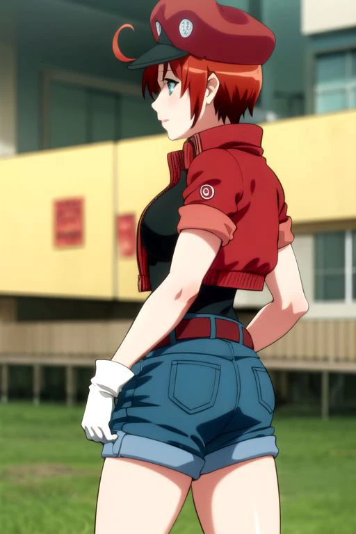 <lora:red blood cell ae3803 s1-lora-nochekaiser:1>, red blood cell ae3803, short hair, hair between eyes, ahoge, red hair, shirt, gloves, hat, jacket, belt, white gloves, black shirt, denim, shorts, mini shorts, red headwear, red jacket, jeans, cabbie hat,
BREAK (back view, full body, footwear, boots, walking, butt, butt focus),
BREAK (cowboy shot),
BREAK (masterpiece, best quality, ultra detailed), (perfect face, detailed face, detailed eyes,perfect hands,perfect fingers), 8k wallpaper, Beautiful Finger, Beautiful body, Beautiful character design, perfect face, perfect balance, official art, extremely detailed CG unity 8k wallpaper, ultra high res,4K,ultra-detailed, photography, 8K, HDR, highres, absurdres:1.2, Kodak portra 400, bokeh, lens flare, professional photograph, (vibrant_color:1.2),