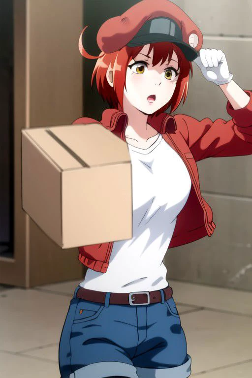 <lora:red blood cell ae3803 s1-lora-nochekaiser:1>, red blood cell ae3803, short hair, hair between eyes, (yellow eyes), ahoge, red hair, shirt, gloves, hat, jacket, belt, white gloves, black shirt, denim, denim shorts, mini shorts, red headwear, red jacket, jeans, cabbie hat,
BREAK dynamic pose, action pose, (unaligned breasts, bouncing breasts, motion lines, motion blur), running, (((holding package, holding box, carring a box, carring a package))),
BREAK alley, dark alley, buldings,
BREAK looking at viewer, (cowboy shot),
BREAK front view, dynamic angle, dutch angle,
BREAK (masterpiece, best quality, ultra detailed), (perfect face, detailed face, detailed eyes,perfect hands,perfect fingers), 8k wallpaper, Beautiful Finger, Beautiful body, Beautiful character design, perfect face, perfect balance, official art, extremely detailed CG unity 8k wallpaper, ultra high res,4K,ultra-detailed, photography, 8K, HDR, highres, absurdres:1.2, Kodak portra 400, bokeh, lens flare, professional photograph, (vibrant_color:1.2),(beautiful_face:1.2), notably long eyelashes