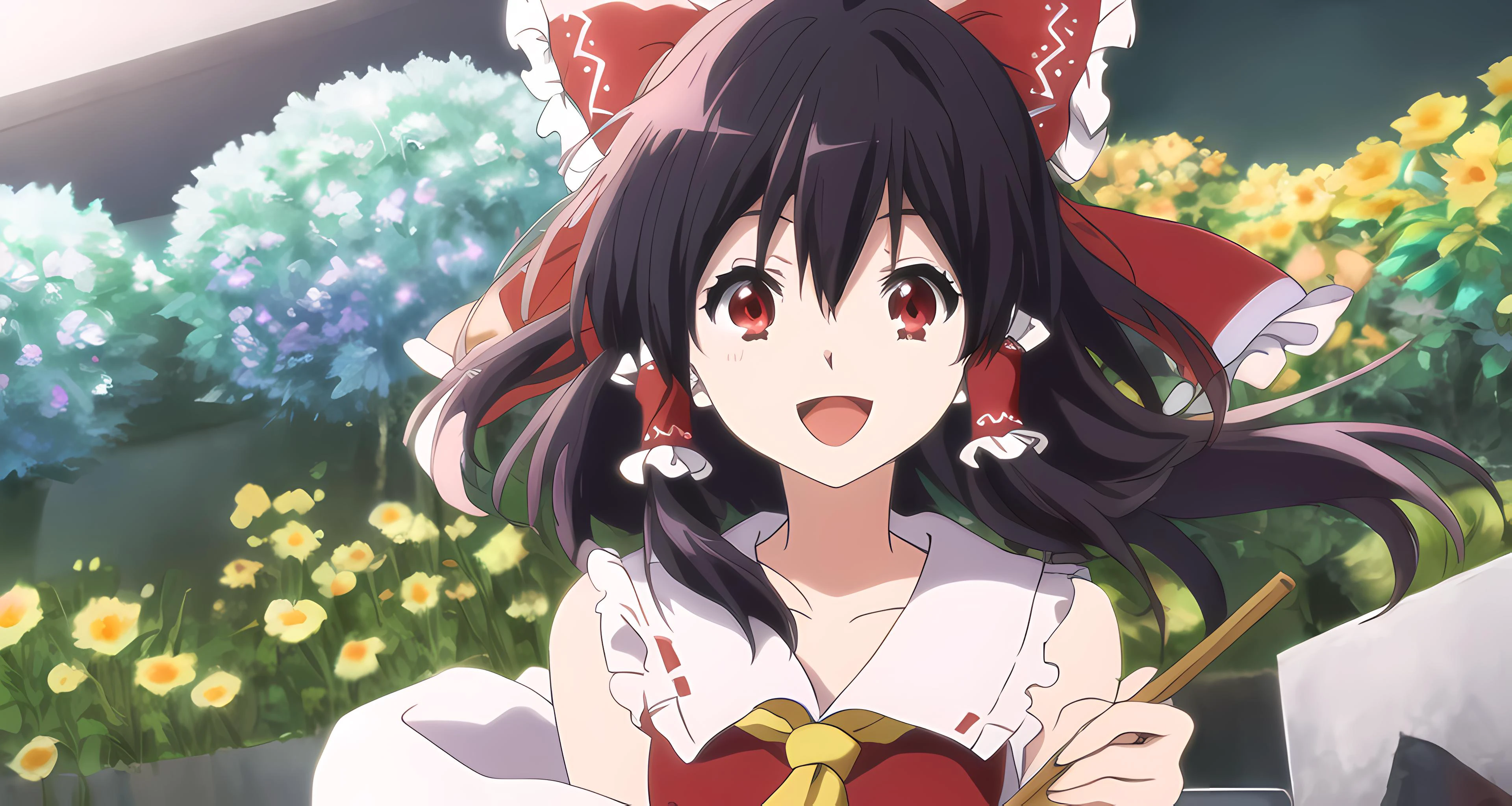 <lora:kyoto animation_artstyle_LoCon:1.1>, hakurei reimu, ((anime screencap)), kyoto animation screencap, 1girl, hair ribbons, black hair, very long hair, red eyes, bird, flower, fluff, solo, blunt ends, hair blowing, at the middle, smile, open mouth,