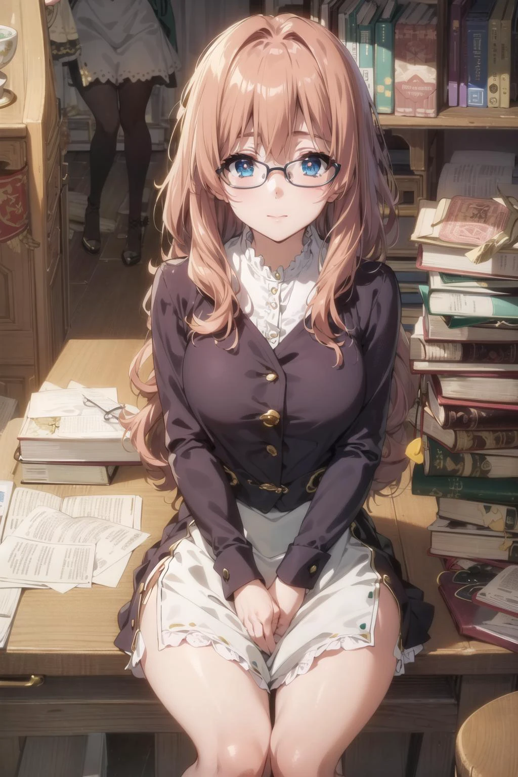((masterpiece, sidelighting, finely detailed beautiful eyes: 1.2)), ultra-detailed, ultra high res, professional lighting, high quality makeup, beautiful detailed eyes, sexy, beautiful, big eyes,1 girl, solo, cowboy shot, <lora:kyotoAnimation_v10:0.7>,Kyoto Animation screencap, Anime screencap, secretary dress, glasses, sitting, desk documents, book shelves, piles of books