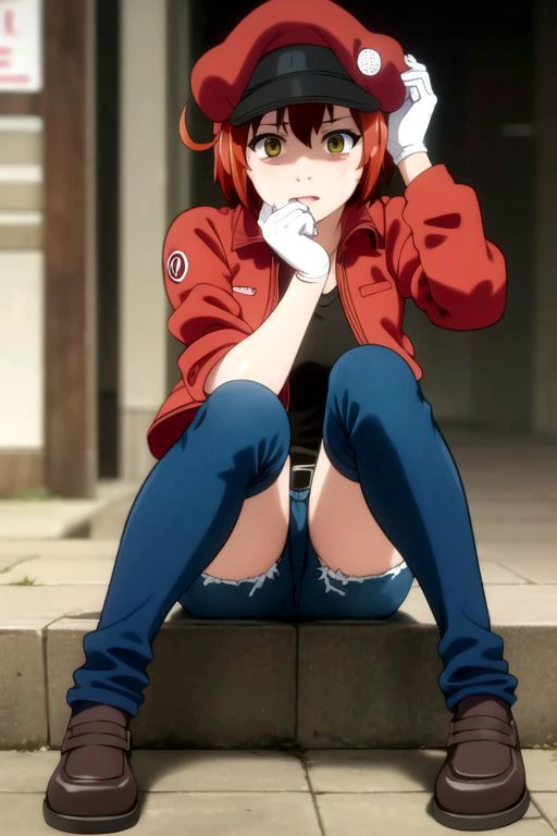 <lora:red blood cell ae3803 s1-lora-nochekaiser:1>, red blood cell ae3803, short hair, hair between eyes, (yellow eyes), ahoge, red hair, shirt, gloves, hat, jacket, belt, white gloves, black shirt, denim, denim shorts, mini shorts, red headwear, red jacket, jeans, cabbie hat,
BREAK dynamic pose, action pose, (unaligned breasts, bouncing breasts, motion lines, motion blur), (((sit, sitting, elbow, red knees, hurt elbow, hurt kness, damage elbow, footwear, hand on knee, hand on head, looking to knee))),
BREAK alley, dark alley, buldings,
BREAK cry, tears, crying, sad, (cowboy shot),
BREAK front view, dynamic angle, dutch angle,
BREAK (masterpiece, best quality, ultra detailed), (perfect face, detailed face, detailed eyes,perfect hands,perfect fingers), 8k wallpaper, Beautiful Finger, Beautiful body, Beautiful character design, perfect face, perfect balance, official art, extremely detailed CG unity 8k wallpaper, ultra high res,4K,ultra-detailed, photography, 8K, HDR, highres, absurdres:1.2, Kodak portra 400, bokeh, lens flare, professional photograph, (vibrant_color:1.2),(beautiful_face:1.2), notably long eyelashes
