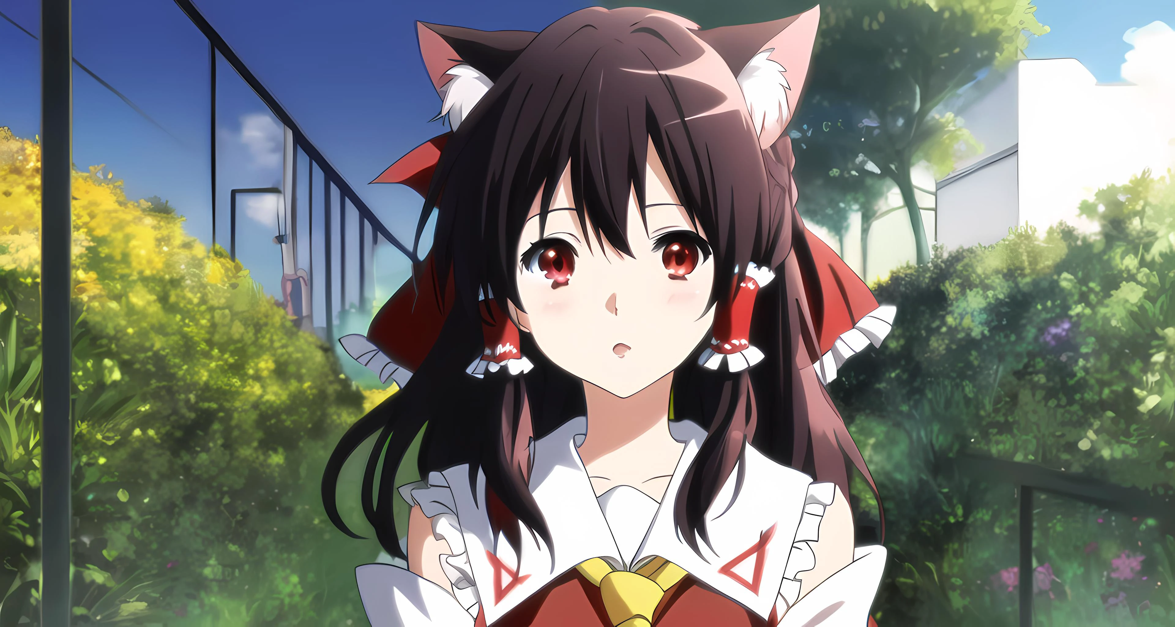 <lora:kyoto animation_artstyle_LoCon:1.1>, hakurei reimu, ((anime screencap)), kyoto animation screencap, 1girl, hair ribbons, black hair, very long hair, red eyes, bird, flower, fluff, solo, blunt ends, cat ears
