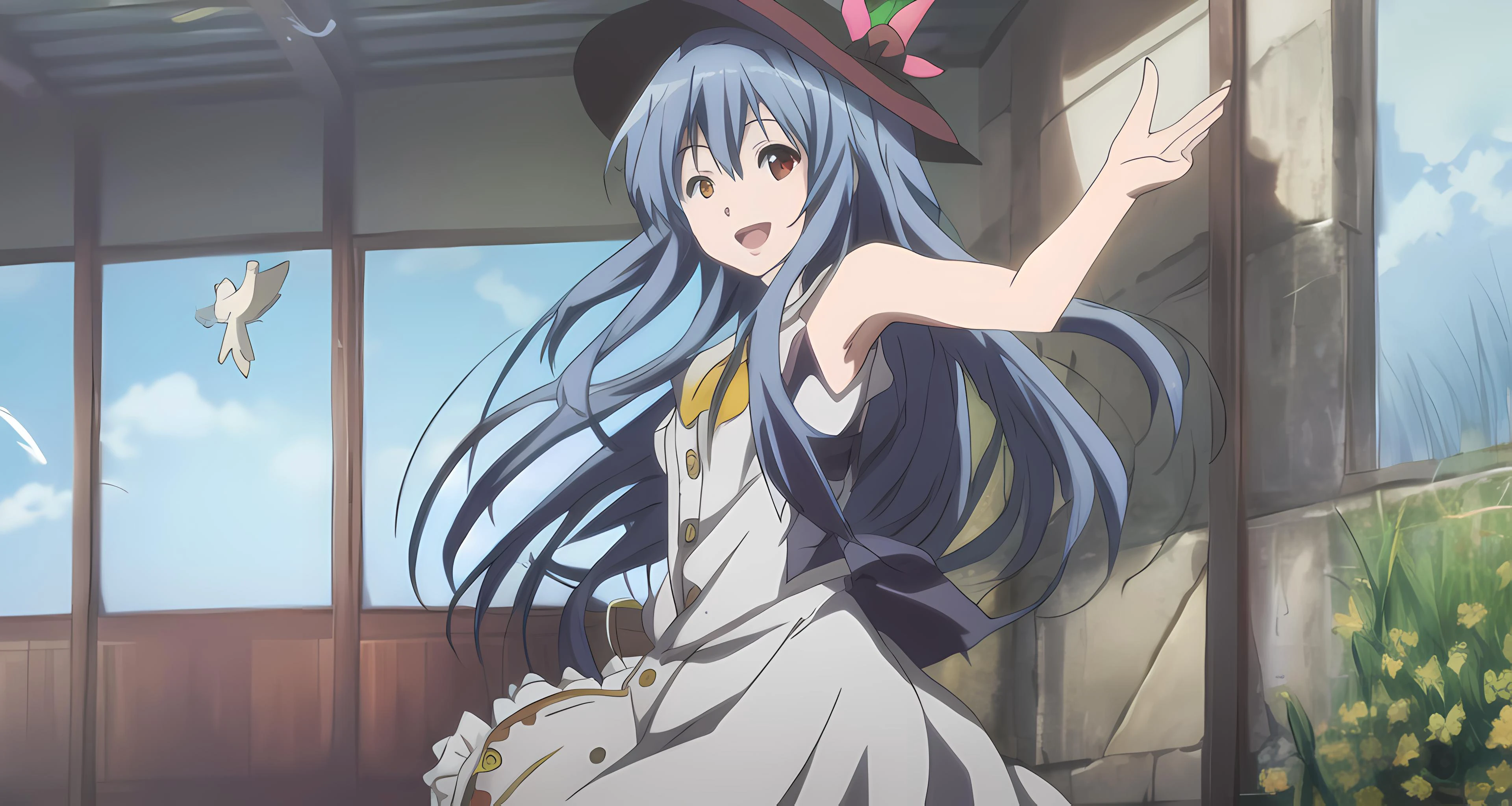 <lora:kyoto animation_artstyle_LoCon:1.1>, hinanawi tenshi, ((anime screencap)), kyoto animation screencap, 1girl, hat, blue hair, very long hair, bird, flower, fluff, solo, blunt ends, hair blowing, at the middle, smile, open mouth, arms behind back