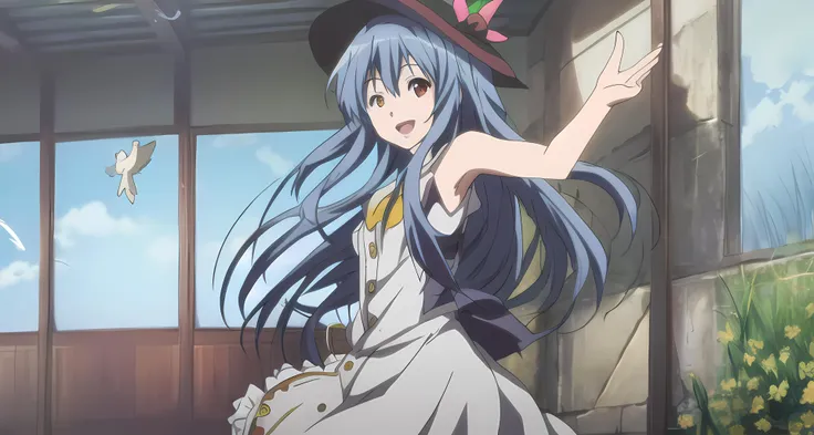 <lora:kyoto animation_artstyle_LoCon:1.1>, hinanawi tenshi,  ((anime screencap)), kyoto animation screencap, 1girl, hat, blue hair, very long hair, bird, flower, fluff, solo, blunt ends, hair blowing, at the middle, smile, open mouth, arms behind back