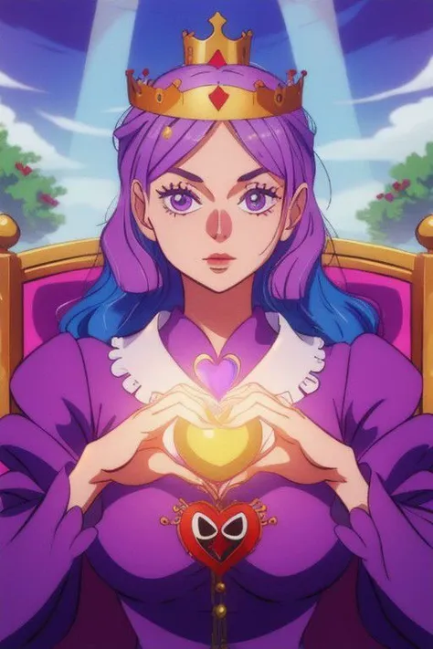 a woman in a purple dress holding a heart in her hands