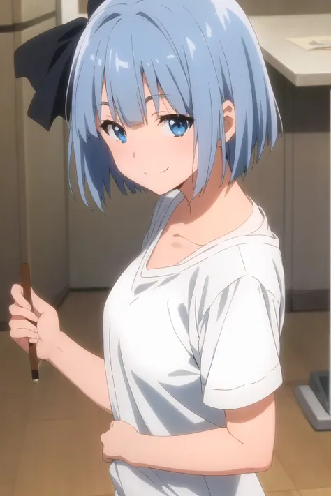 anime girl with blue hair holding a stick in her hand