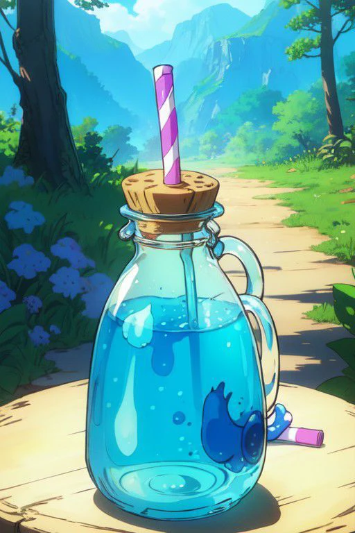 Alice in Wonderland theme, no humans, food, a blue drink bottle, cookies, in the woods, a blue drink bottle, cookies, watercolor ink sketch,