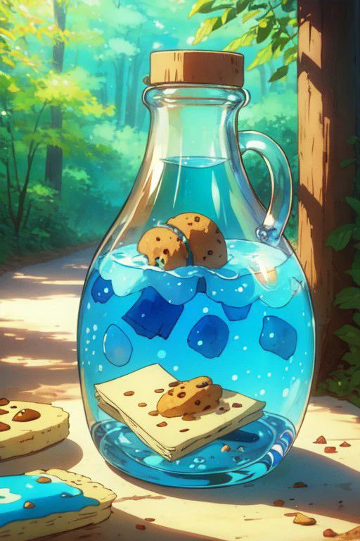 Alice in Wonderland theme, no humans, food, a blue drink bottle, cookies, in the woods, a blue drink bottle, cookies, watercolor ink sketch,