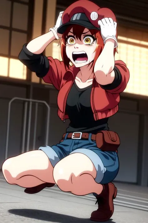 <lora:red blood cell ae3803 s1-lora-nochekaiser:1>, red blood cell ae3803, short hair, hair between eyes, (yellow eyes), ahoge, red hair, shirt, gloves, hat, jacket, belt, white gloves, black shirt, denim, denim shorts, mini shorts, red headwear, red jacket, jeans, cabbie hat,
BREAK dynamic pose, action pose, (((sit, sitting, elbow, red knees, hurt elbow, hurt kness, damage elbow, footwear, hand on knee, hand on head, looking to knee))), 
BREAK alley, dark alley, buldings,
BREAK cry, tears, crying, sad, (cowboy shot),
BREAK  front view, dynamic angle, dutch angle,
BREAK (masterpiece, best quality, ultra detailed), (perfect face, detailed face, detailed eyes,perfect hands,perfect fingers), 8k wallpaper, Beautiful Finger, Beautiful body, Beautiful character design, perfect face, perfect balance, official art, extremely detailed CG unity 8k wallpaper, ultra high res,4K,ultra-detailed, photography, 8K, HDR, highres, absurdres:1.2, Kodak portra 400, bokeh, lens flare, professional photograph, (vibrant_color:1.2),(beautiful_face:1.2), notably long eyelashes