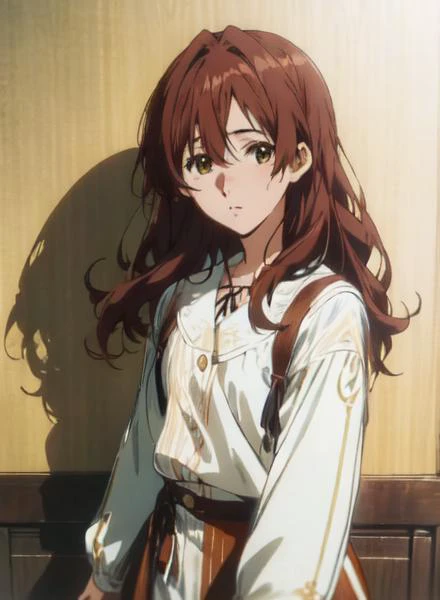 1girl, modern portrait, Wooden appearance, untidy, Mahogany hair, Brunette eyes, long hair, classy clothing, kyoto animation screencap:0.5, feminine pose, detailed photography background, <lyco:kyoto animation_artstyle_LoCon:1.0>, girl in frame, (cowboy shot:1.5)